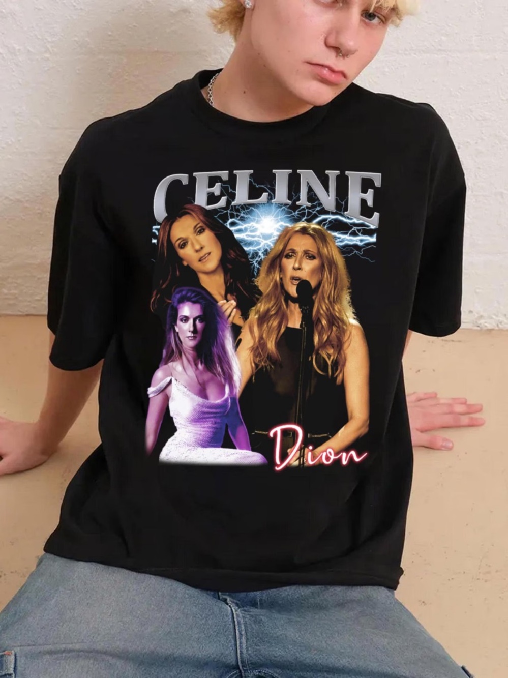 Black Graphic Photo Collage Tee with Neon Pink Script